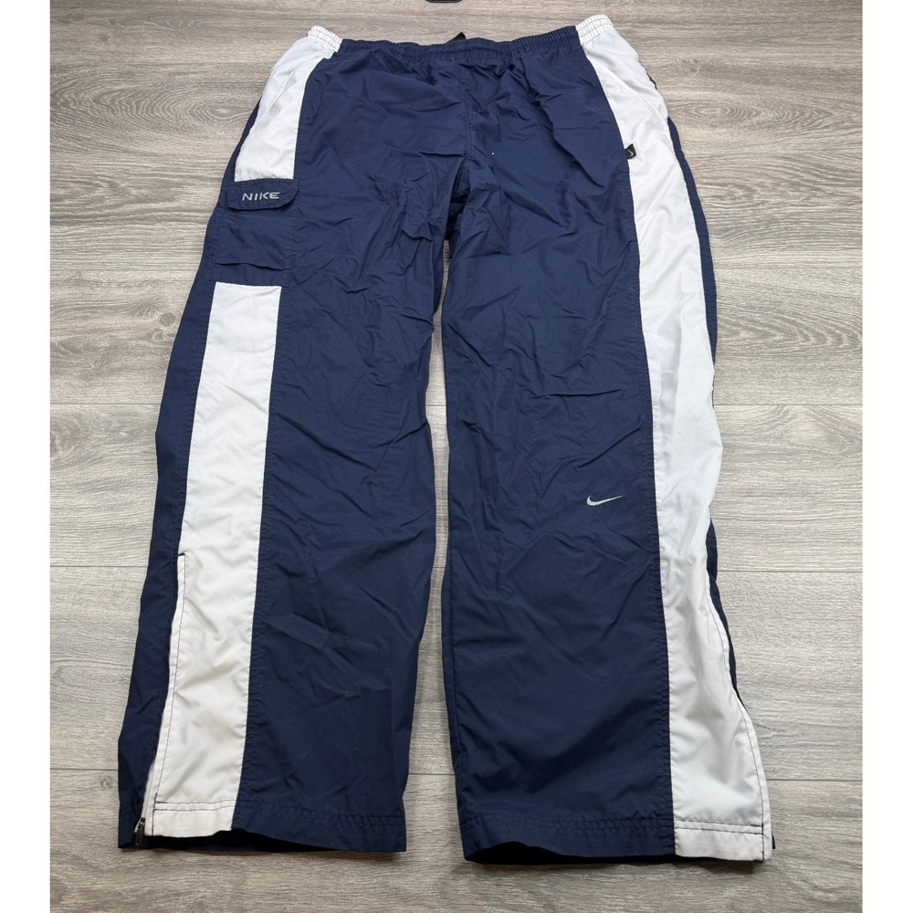 VTG Nike Cargo Track Pants Men XL Blue Baggy Windbreaker Wide Leg Ankle Zip Y2K